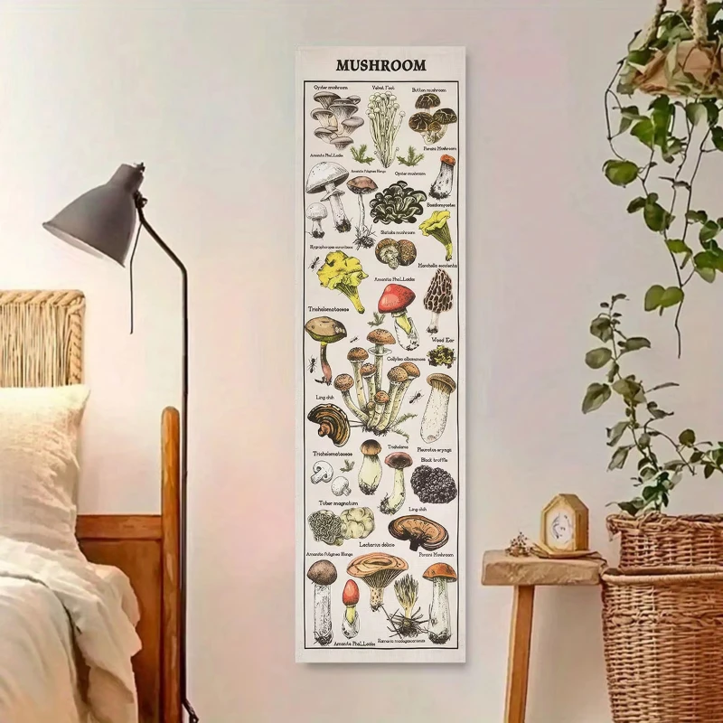 VIKAMA Vintage Mushroom Chart Vertical Tapestry Bohemian Botanical Nature Wall Hanging for Bedroom Cottage Home Decor