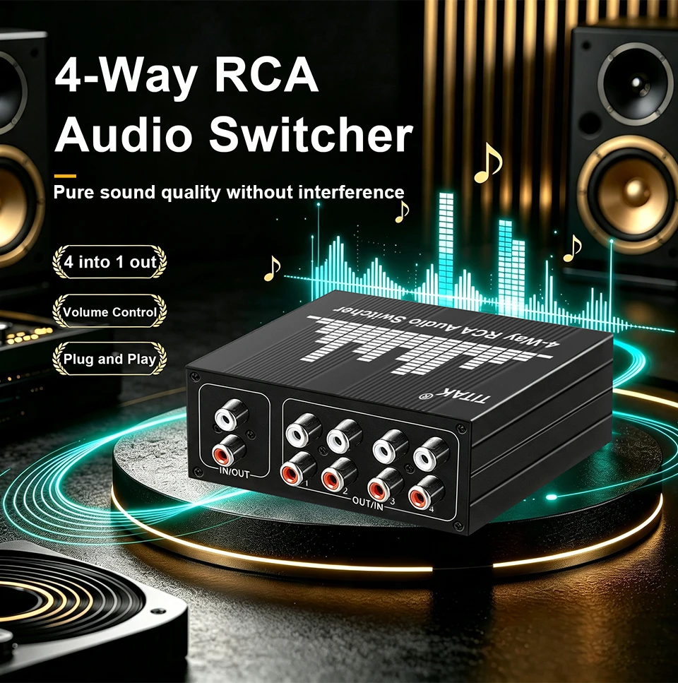 4-Wege-RCA-Schaltbox, passiver Audio-Umschalter für Lautsprecher und Kopfhörer, 1 Eingang, 4 Ausgänge oder 4 Eingänge, 1 Ausgang, L/R-Klangkanal. – Detail 1