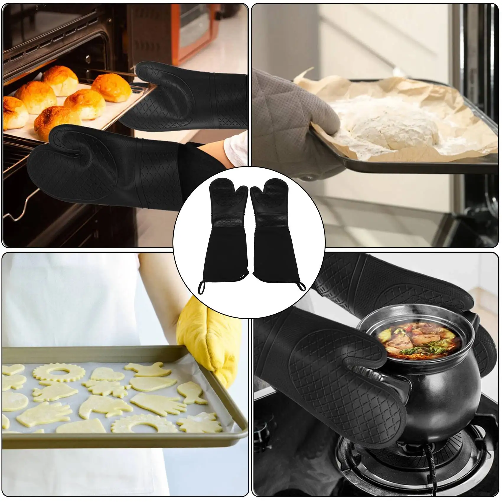 

AED2-Длинные силиконовые прихватки для духовки Сверхмощные рукавицы для духовки коммерческого класса Термостойкие перчатки для барбекю со стеганой хлопчатобумажной подкладкой