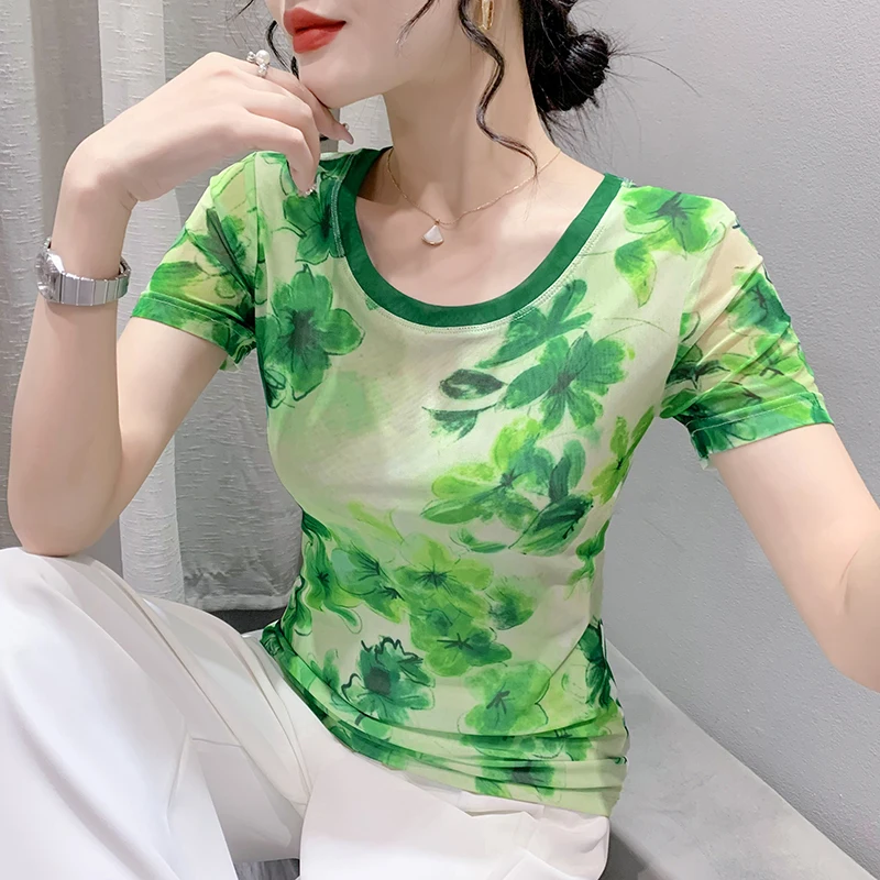 MadBlack Retro Summer European Clothes Tshirts Women Sexy O Necks Position Printed Slim Mesh Tops Short Sleeve Tees New T35769M