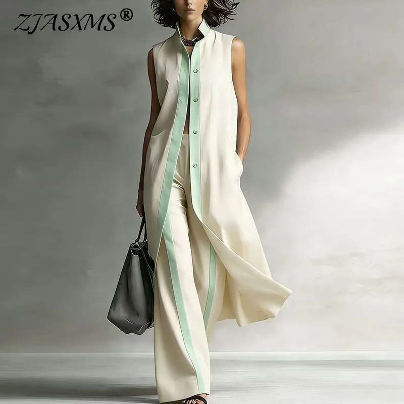 

Sexy Single Breasted Long Shirt Cardigan High Waist Pants Set Spring Contrast Color Woman Outfit New Summer Sleeveless Vest Suit