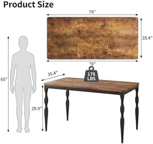 Dining Table for 6, 79 Inch Rectangular Kitchen Table, Rustic Farmhouse Dining Room Table with Large Tabletop and