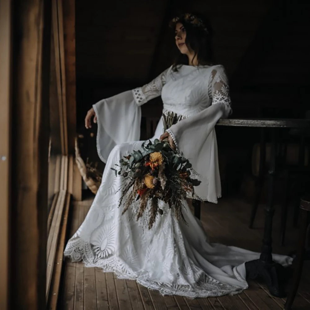 A Line Lace Long Batwing Sleeve Hippie Boho Plus Size Bridal Gown Boat Neckline Soft Chiffon Lace Cutout Backless Wedding Dress