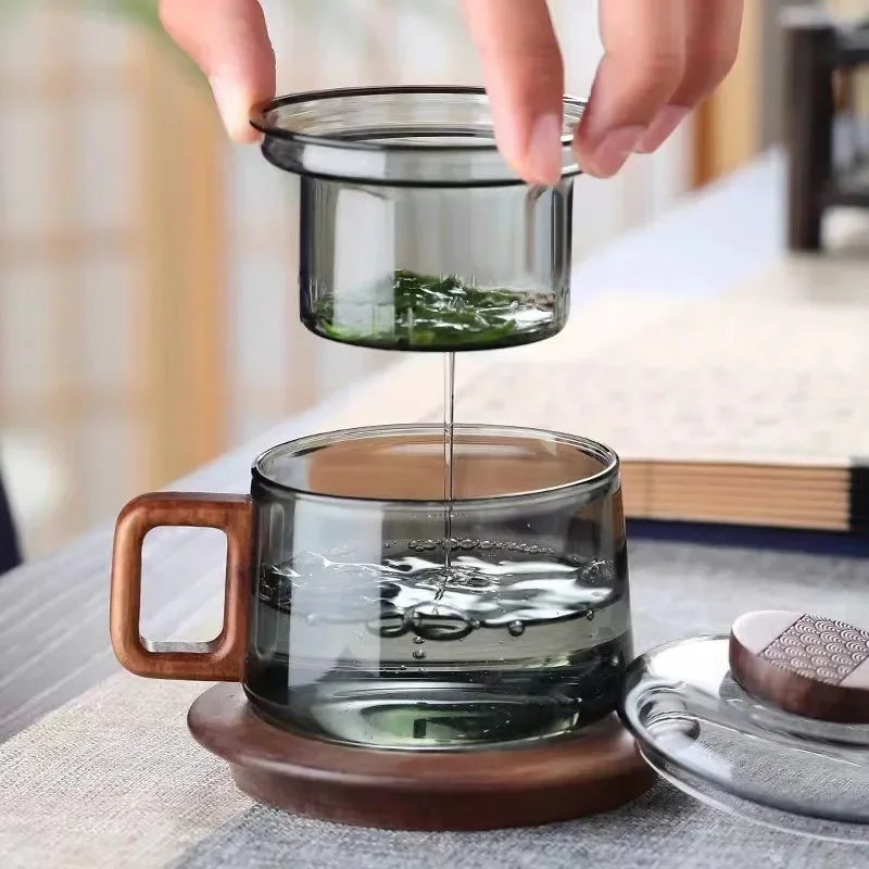 200ml Tea Infuser Cup Heat Resistant Glass Teacup with Filter and Wood Handle Coaster Office Tea Separation Mug Kung Fu Tea Set