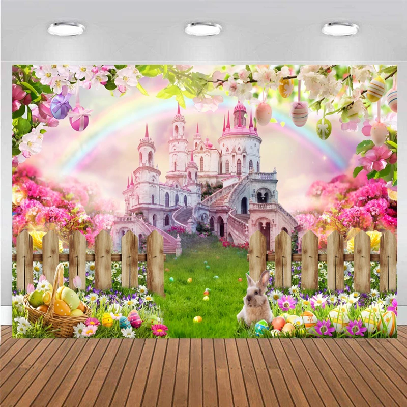 

Easter Photo Background Disney Princess Castle Backdrops Birthday Pink Spring Flowers Bunny House Decorations Photography Banner