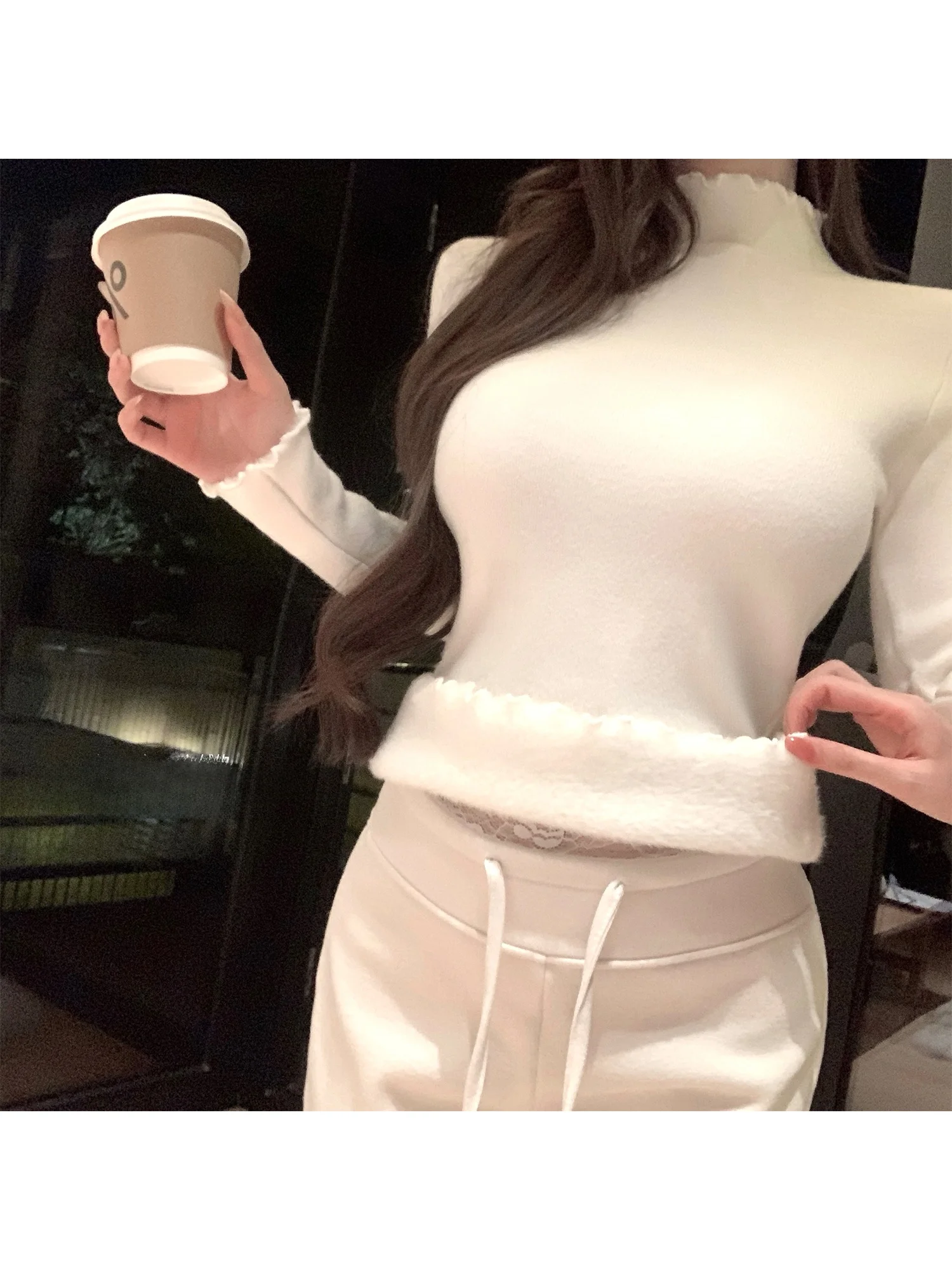 

Женская утепленная флисовая футболка Kubiliv с высоким воротником и длинным рукавом, белая, теплая, базовый слой, корейский стиль, для повседневной носки