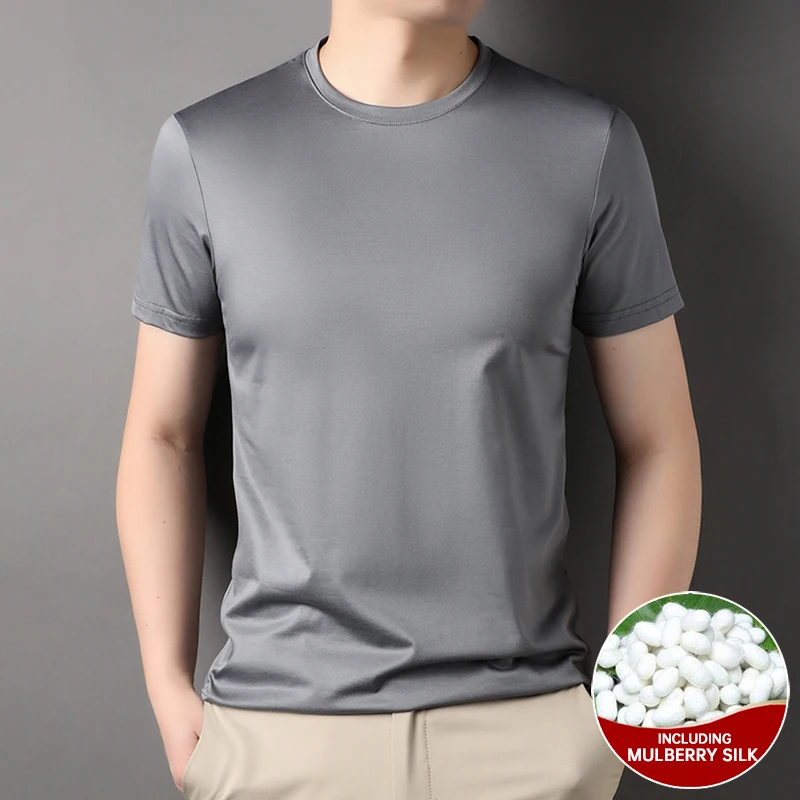 Top Grade 1.7% Mulberry Silk New Brand Tops Round Neck t Shirts For Men 2023 Summer Short Sleeve Casual Fashion Mens Clothing