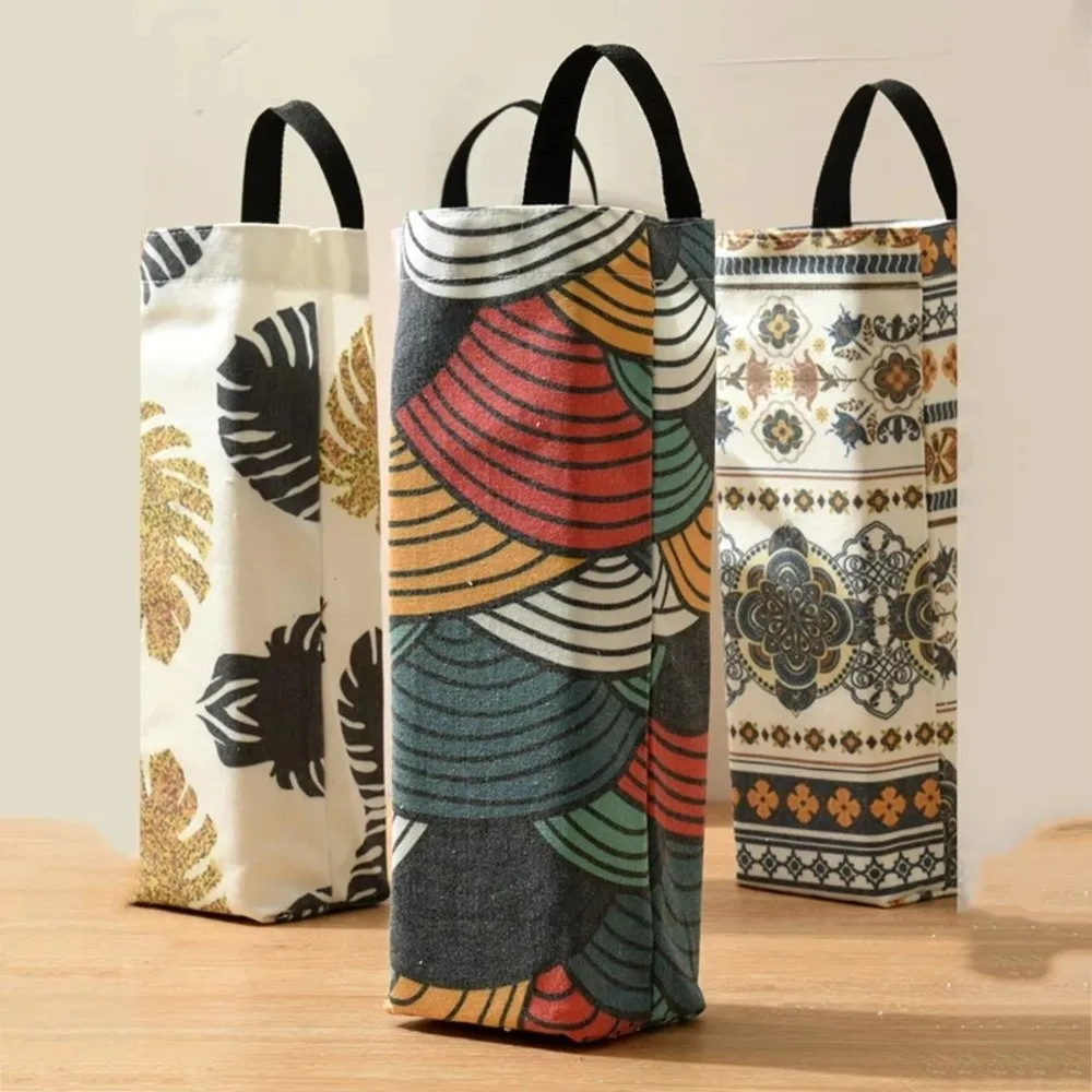 Printed Pattern Plastic Bag Holder Breathable Cloth Pull-out Trash Bags Holder Storage Dispensers Wall-mounted