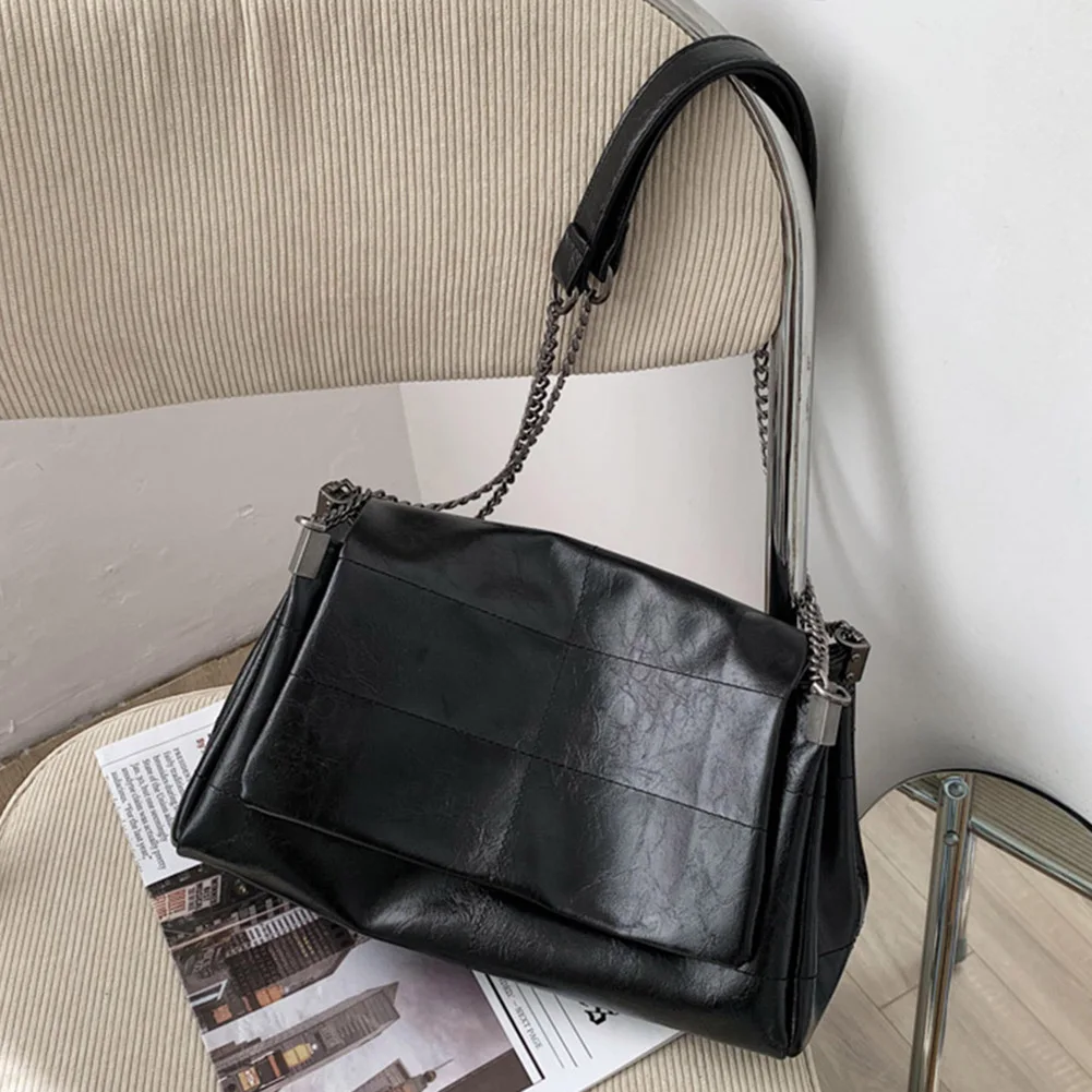 PU Leather Crossbody Bag Large Capacity Women Soft Shoulder Bag Adjustable Strap Solid Color Tote Bag Chain Strap Messenger Bag