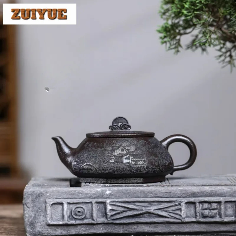 

340 мл Высококачественные фиолетовые глиняные чайники Исин, горшок ручной работы, необработанная руда, черная железная грязь, чайник для замачивания, чайный сервиз Zisha, украшение для кафе