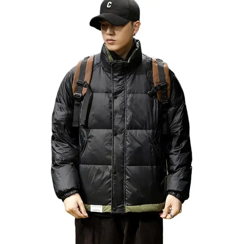 2025 الشتاء الرجال أسفل سترة رشاقته الدافئة التباين اللون الوقوف طوق الذكور ملابس خارجية سحاب أكمام طويلة فضفاضة معطف رجل غير رسمي #5