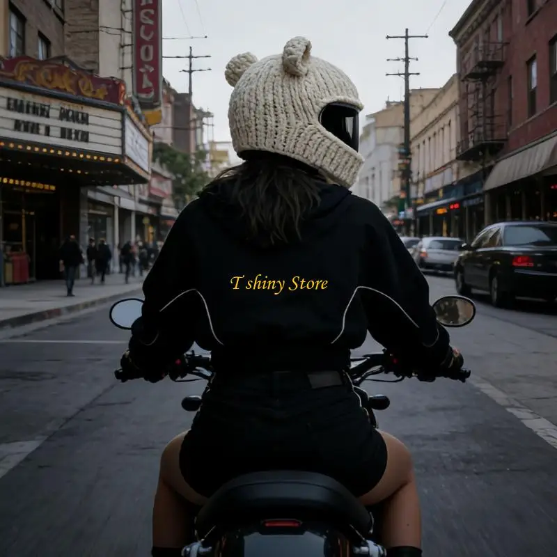 N58F Bear Ear Helmet Cover For Motorcycle Helmets Soft Acrylic Cotton Knit Balaclava Funny Headgear for Adult Holiday Gift