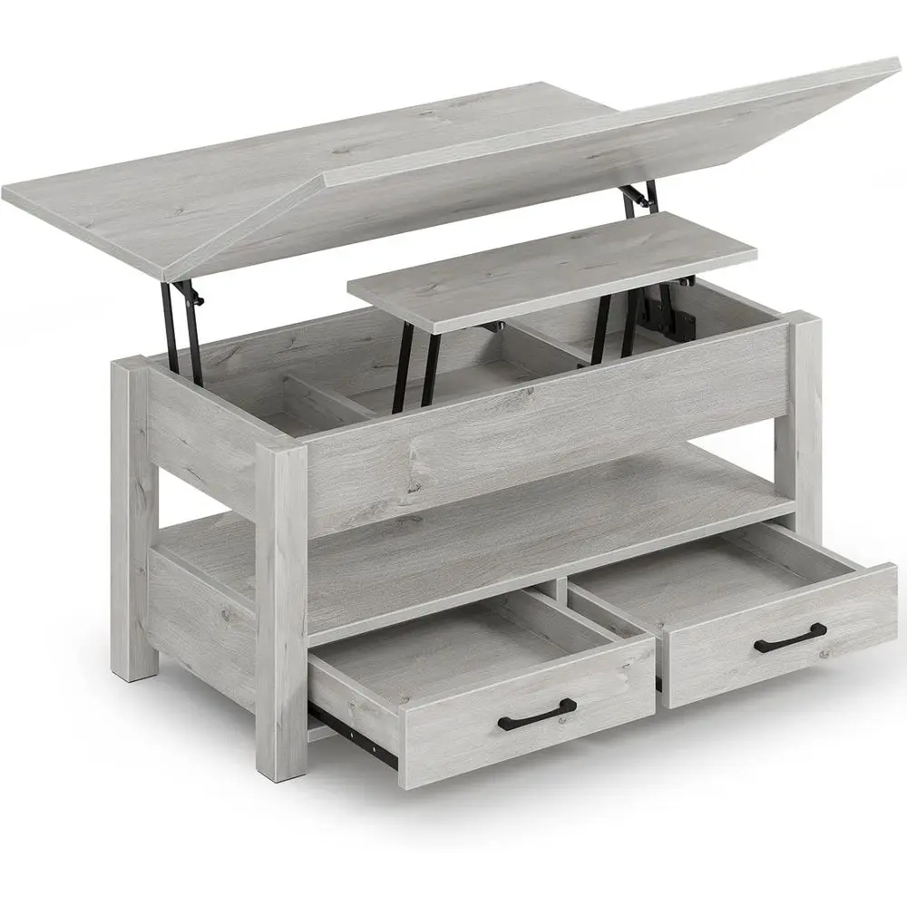 

Versatile Gray Coffee Table with Drawers, Converts to Dining and Home Office Desk