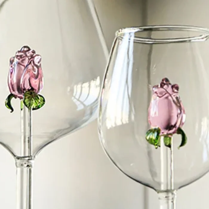 1 Piece Creative 3D Pink Glass Rose Build-in Red White Wine Glasses Cup Stemware Goblets Champagne Flute Household Lovely Gift
