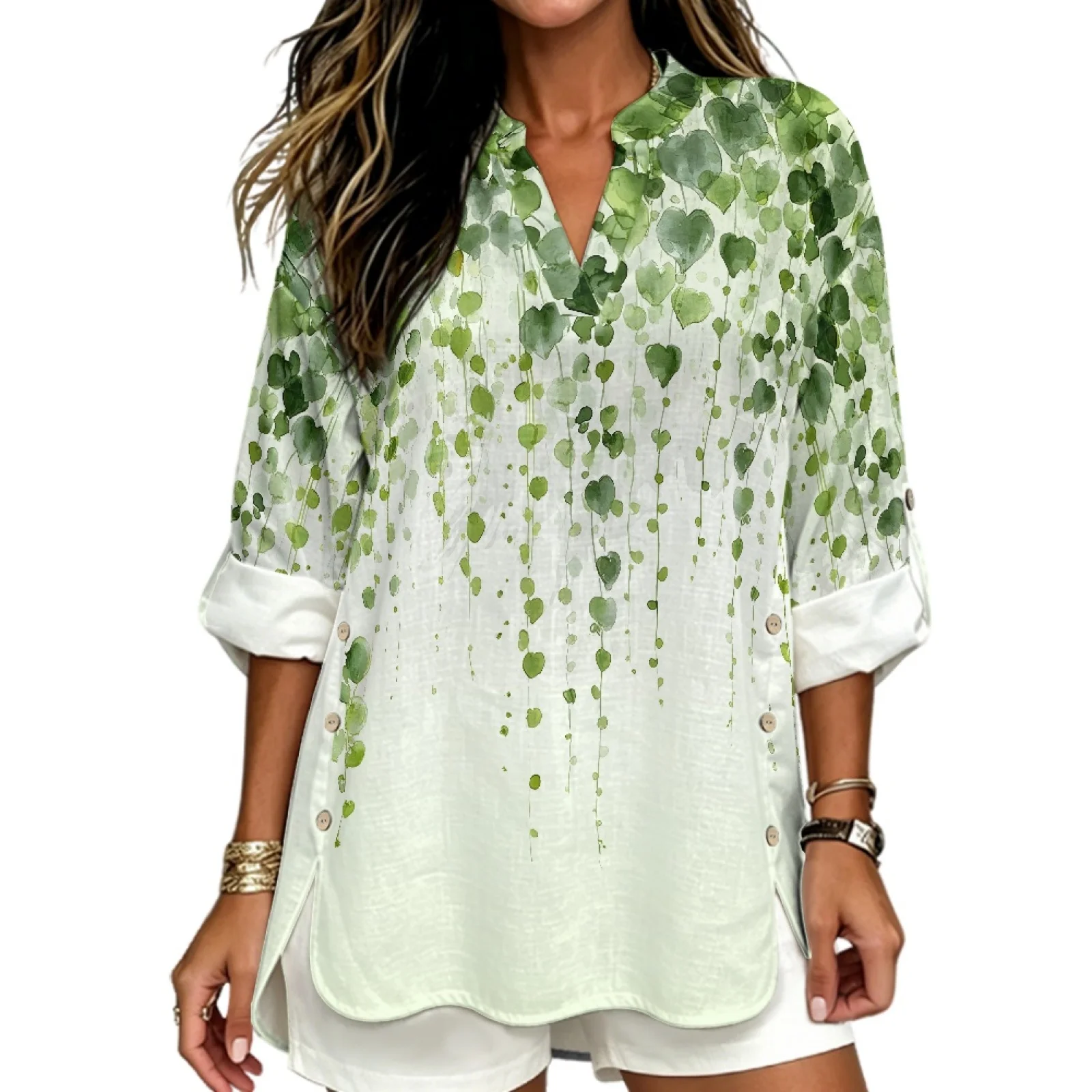 PENSTROLL Green Vine Print Linen Like Dressy Casual Blouses Long Sleeve V Neck Blouse for Women Side Slit Hem Long Sleeve Blouse