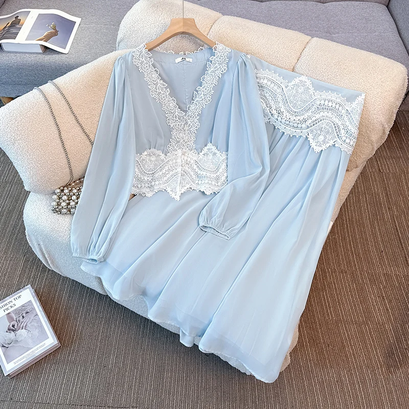 ชุดเซ็ตสองชิ้นสไตล์วินเทจสุดหรู คอวี แต่งลูกไม้ แขนยาว แนวแฟรี่คอร์ เหมาะสำหรับงานกลางคืน แฟชั่นไฮสตรีท ไซส์พลัส