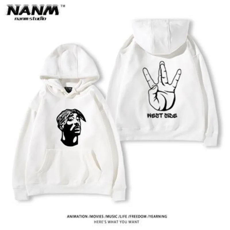 2Pac Hip Hop Hooded Sweater Korean Version of Men and Women Autumn and Winter Hip Hop Vintage Trend Print Street Clothes