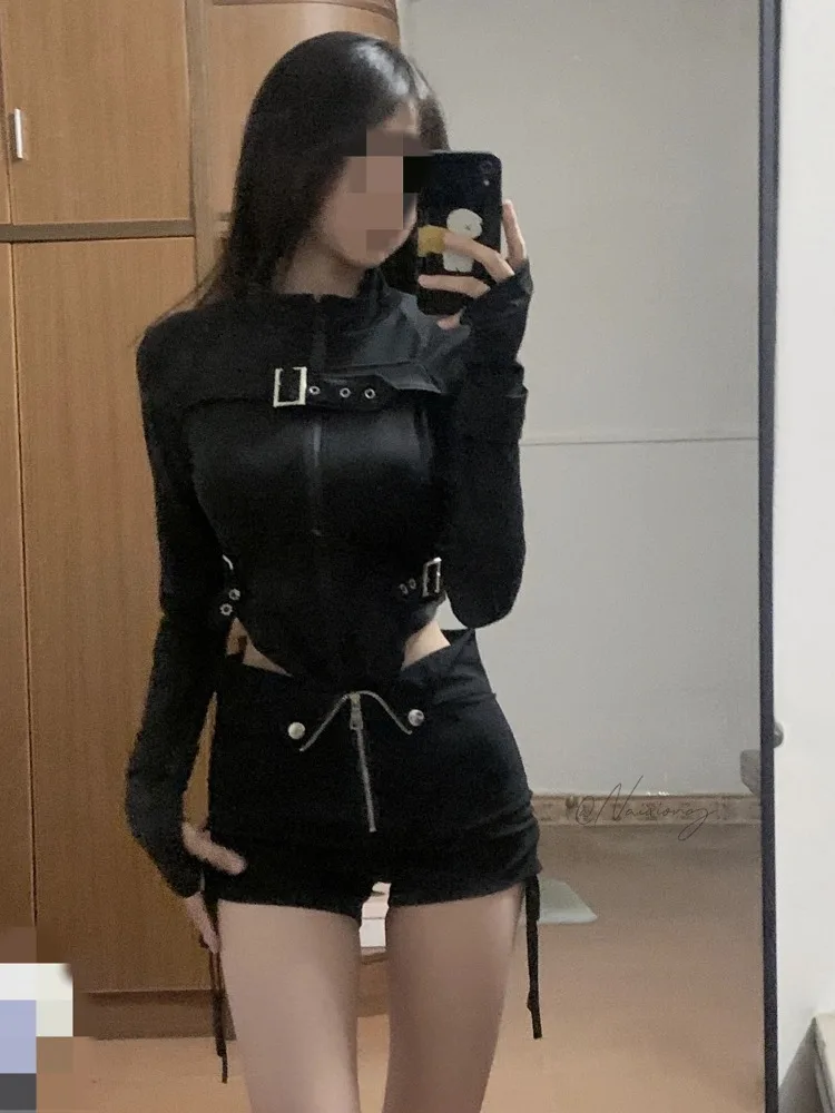 2024 Spring New Slim Fit Black Long Sleeve Zipper Tops Women+ Fashion High Waist Drawstring Shorts Y2k E-Girl Two Piece Sets