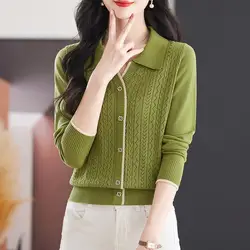 Korean Women's Clothing Long Sleeve Turn-down Collar Sweater Knitted Pullover Button Up Office Lady Screw Thread All-match Tops