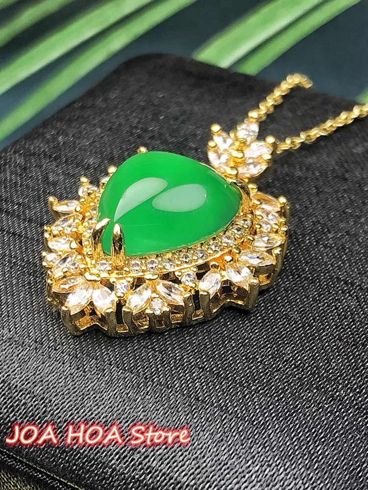 

Beautiful LOVE Pendant Lucky Inlay Gold-plated Chain Natural Chalcedony Agate Green Jade Necklace Perfect Jewelry