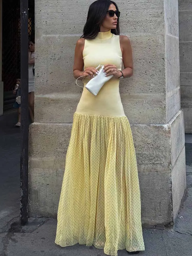 BKQU Elegant Spliced Mesh Polka Dot Long Dress Women 2025 Summer Turtleneck Sleeveless  Slim A-Line Pleated Vacation Maxi Dress