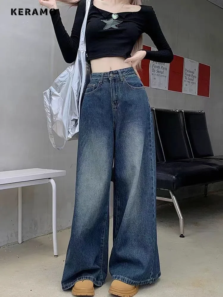 American Vintage High Waist Washed Emo Jeans Women's Wide Leg Casual 2000s Pants Baggy Y2K Grunge High Street Denim Trouser