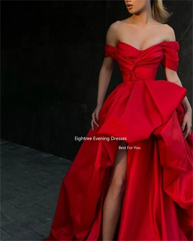 Eightree Red Off The Shoulder Prom Dresses Elegant Pleat Stain Strapless High Low Evening Dress Robe De Soirée Party Grown 2023