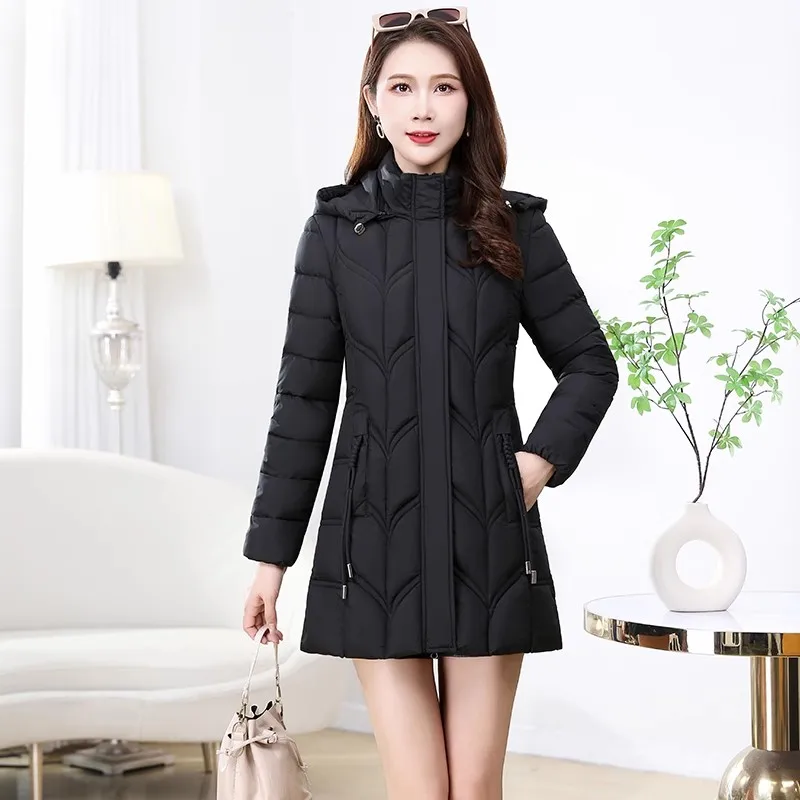 Winter Slimming Slim Fit Mid To Long Length Cotton Jacket for Women Waist Cinching Warm Detachable Hat Outwear Female Overcoat