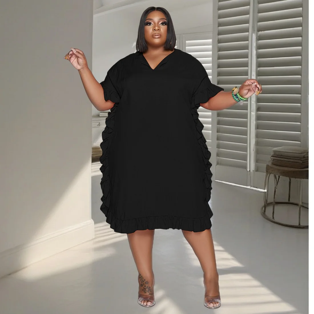 Mulheres de manga curta babados com decote em v vestidos casuais soltos, roupas africanas, plus size, roupas de verão, atacado, 2024