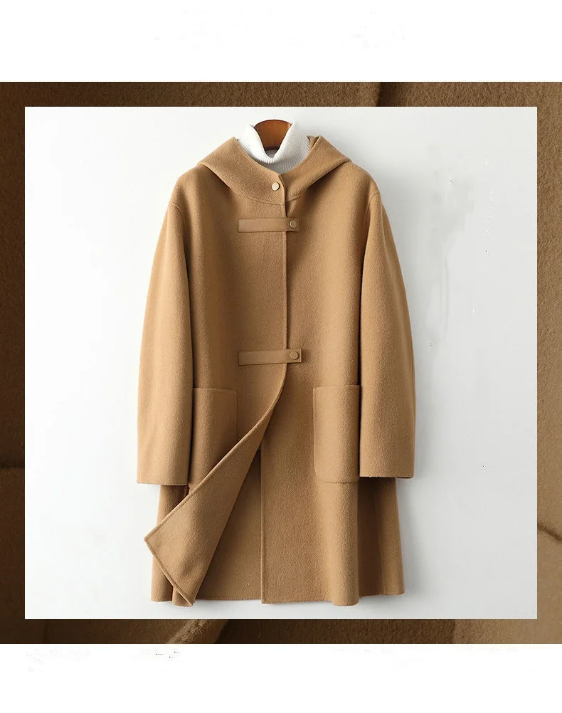 Neue Modische Doppelseitige POLYESTER-Jacke mit Kapuze für Damen Herbst Winter Doppelseitige Woll-Windjacke Eleganter Schlanker Wollmantel – Detail 5