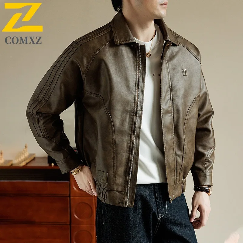 

COMXZ 2025 Мужская мотоциклетная кожаная куртка в американском стиле, осенняя простая универсальная куртка с воротником-стойкой, свободная посадка, модное однотонное пальто