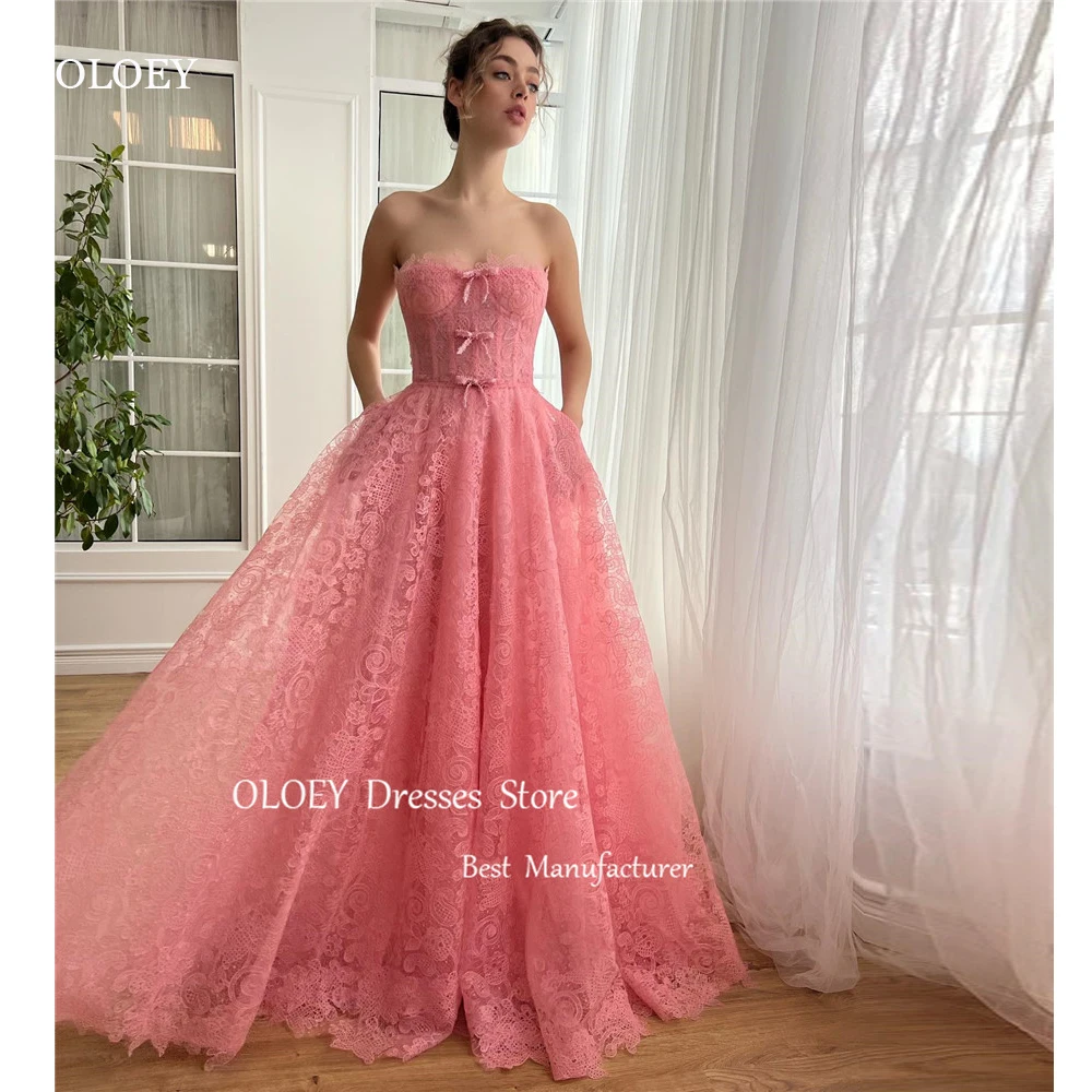 

OLOEY Elegant Blush Pink Full Lace Evening Dresses Wedding Party Strapless Bowknot Floor Length Prom Gowns Formal Occasion Dress