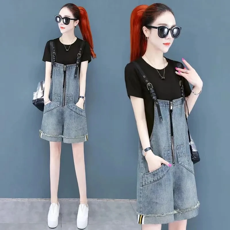 Denim Rompers Women Summer Baggy Solid Suspender Jeans Student Jeans Jumpsuit Korean Style Casual Denim Shorts Strap Pants