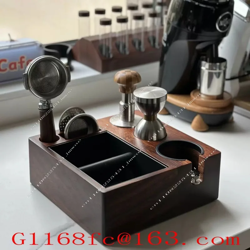 51/54/58 Multi functional coffee knocker box, solid wood walnut base, handle bracket storage