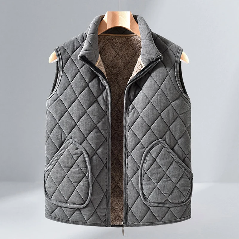 Mens Winter Vest Jacket Windproof Thickened Padded Jacket Casual Diamond Pattern Warm Fleece Lined Vest Solid Outdoor Wear