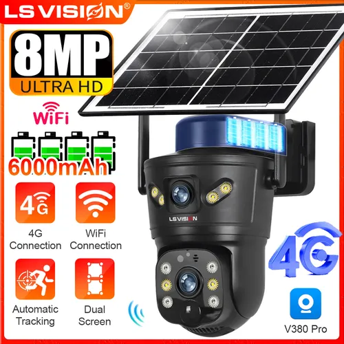 LS VISION 8MP 4G cámara Solar cámara de seguridad WiFi para exteriores doble lente PIR visión nocturna seguimiento automático impermeable CCTV Monitor V380