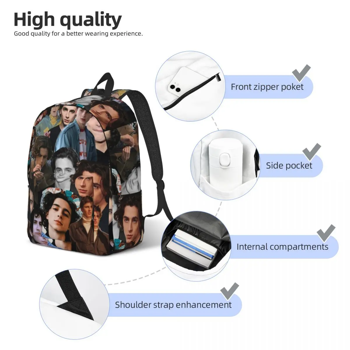 Timothee Chalamet Collage Design para homens e mulheres, mochila escolar estudantil, mochila de lona, faculdade elementar ao ar livre