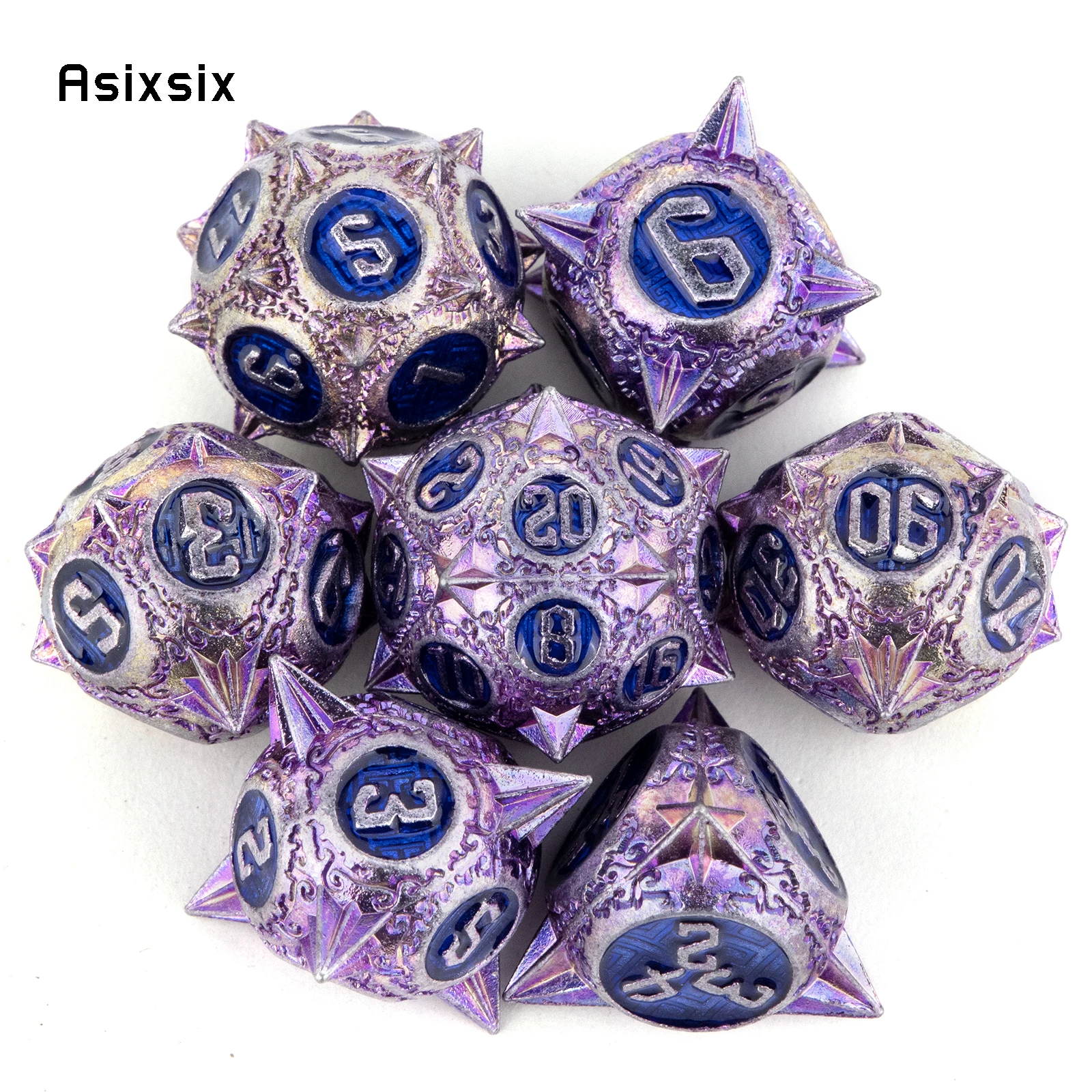 7 Pcs Purple Blue Meteor Hammer Metal Dice Solid Metal Polyhedral Dice Set Suitable for Role-Playing RPG  Board Game Card Game