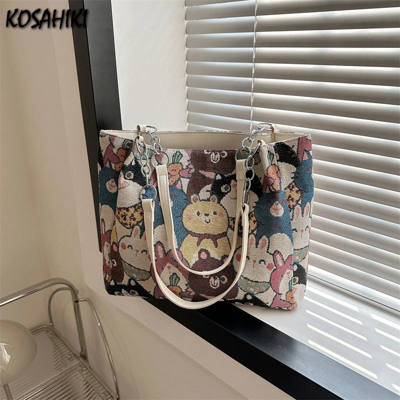 High-capacity Y2k Harajuku Underarm Bag Streetwear All Match Fashion Tote Bags Cartoon Kawaii Cat Print Women Shoulder Handbags