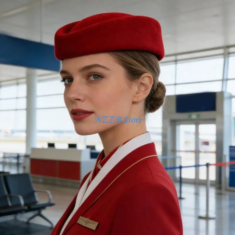 

T21F Professional Wool Flight Attendant Hat Traditional Airline Stewardess Cap For Women Uniform Matching Accessory Headwear