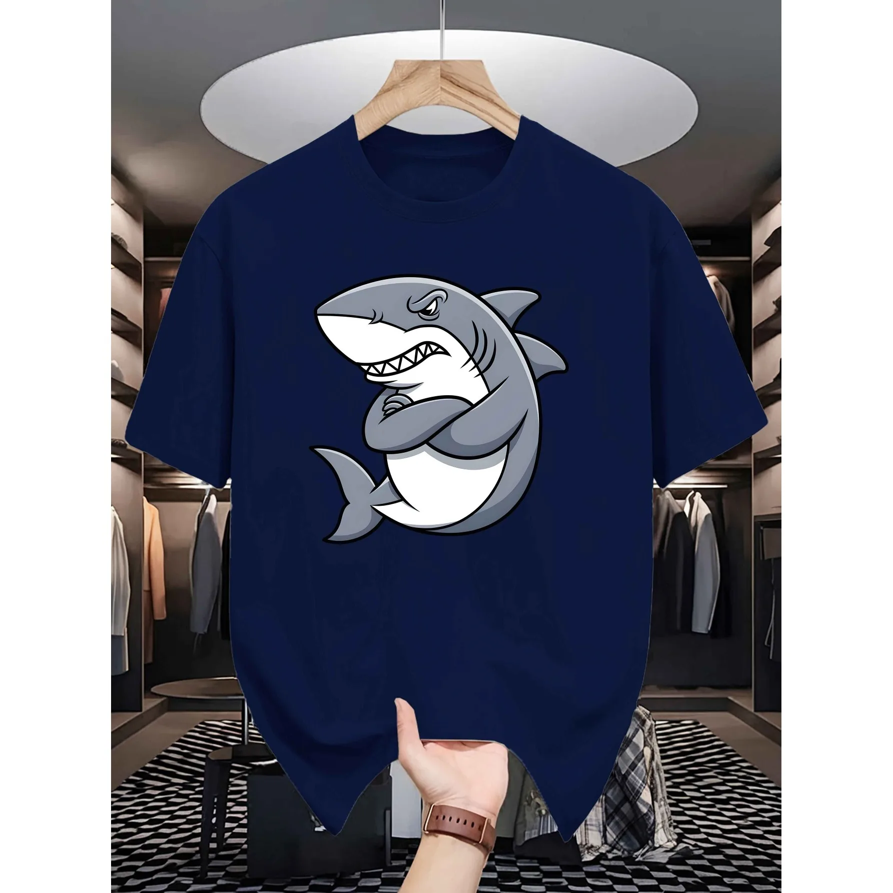 Angry Shark Graphic Tee Men Breathable Short Sleeve Cotton T-Shirt Casual Summer