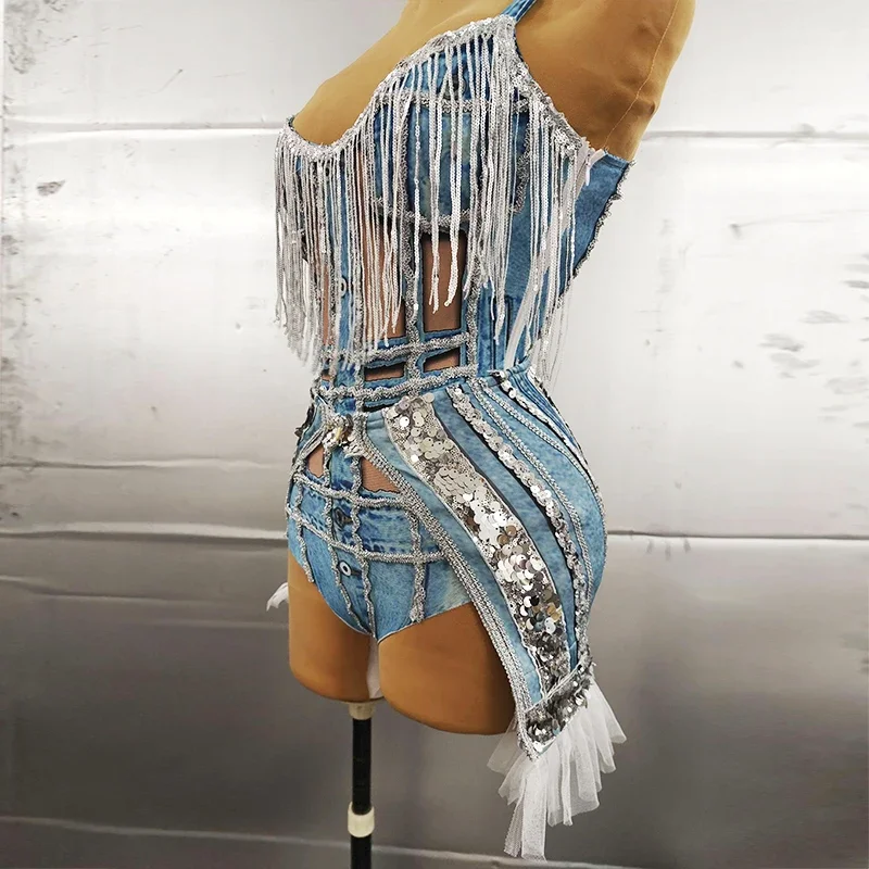 Sexy Nachtclub Gogo Tänzer Outfit Pailletten Quaste Bodysuit erwachsene Frauen Pole Dance Kostüm Rave Outfit DJ DS Kleidung