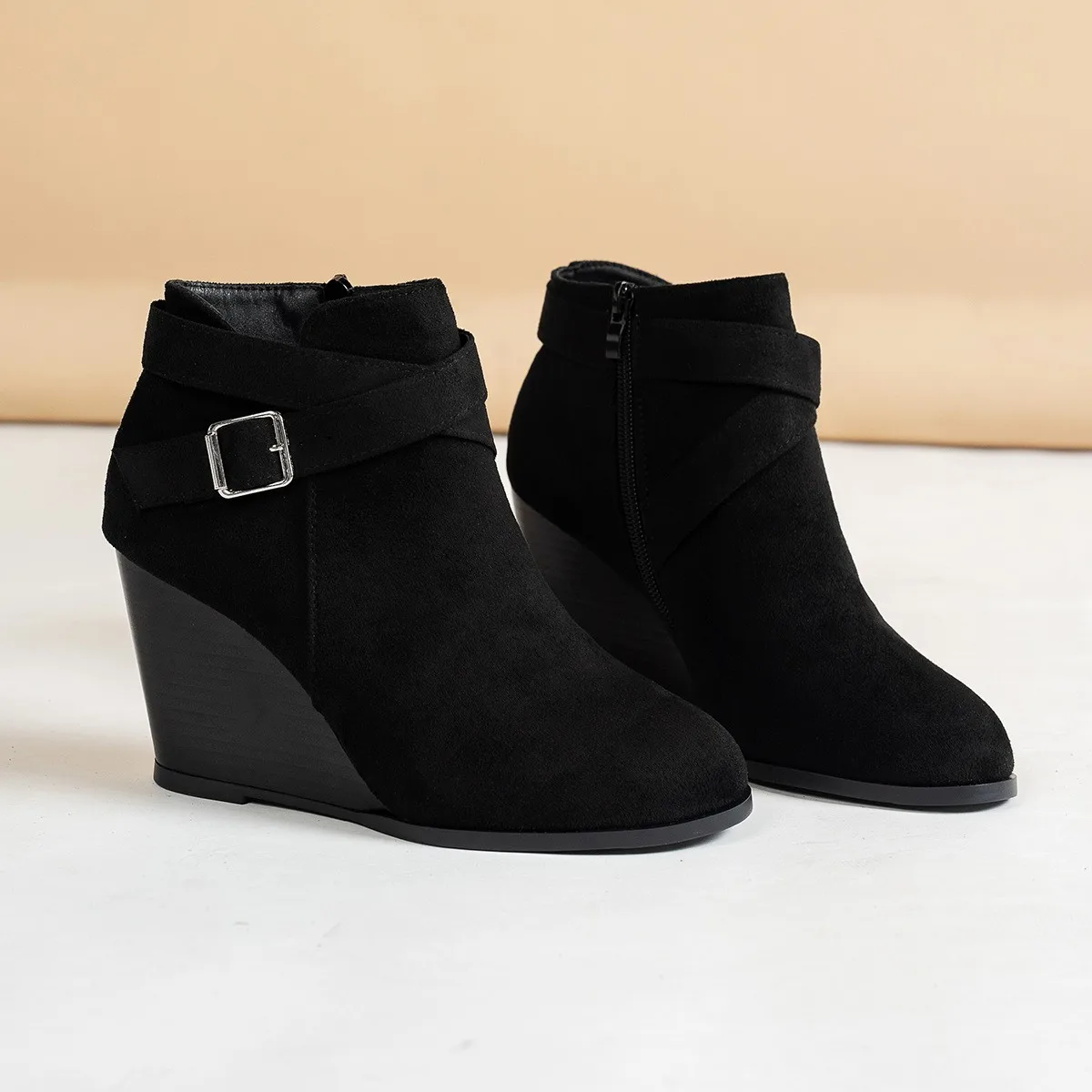 Modische neue bequeme Arbeitsstiefel mit Keilabsatz, Winterstiefel mit runder Spitze, elegant, lässig, Reißverschluss, Party, Damenstiefel mit hohen Absätzen – Detail 5