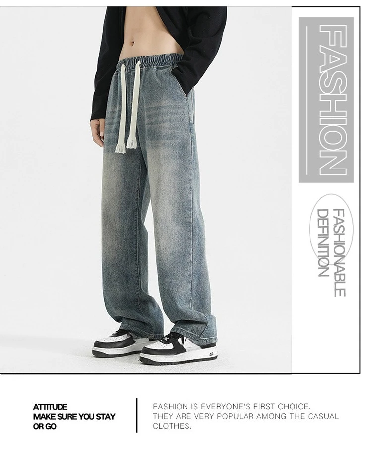 American Vintage 2025, neue Mode für Herren, lässig, trendig, weites Bein, gerade, lockerer Kordelzug, Denim-Hose, männlich, Basic, einfache Jeans