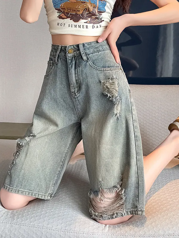 Women's Summer Loose Fitting Straight Leg Denim Shorts High Waist Wide Leg Pants Casual Wear Casual Style High Waist