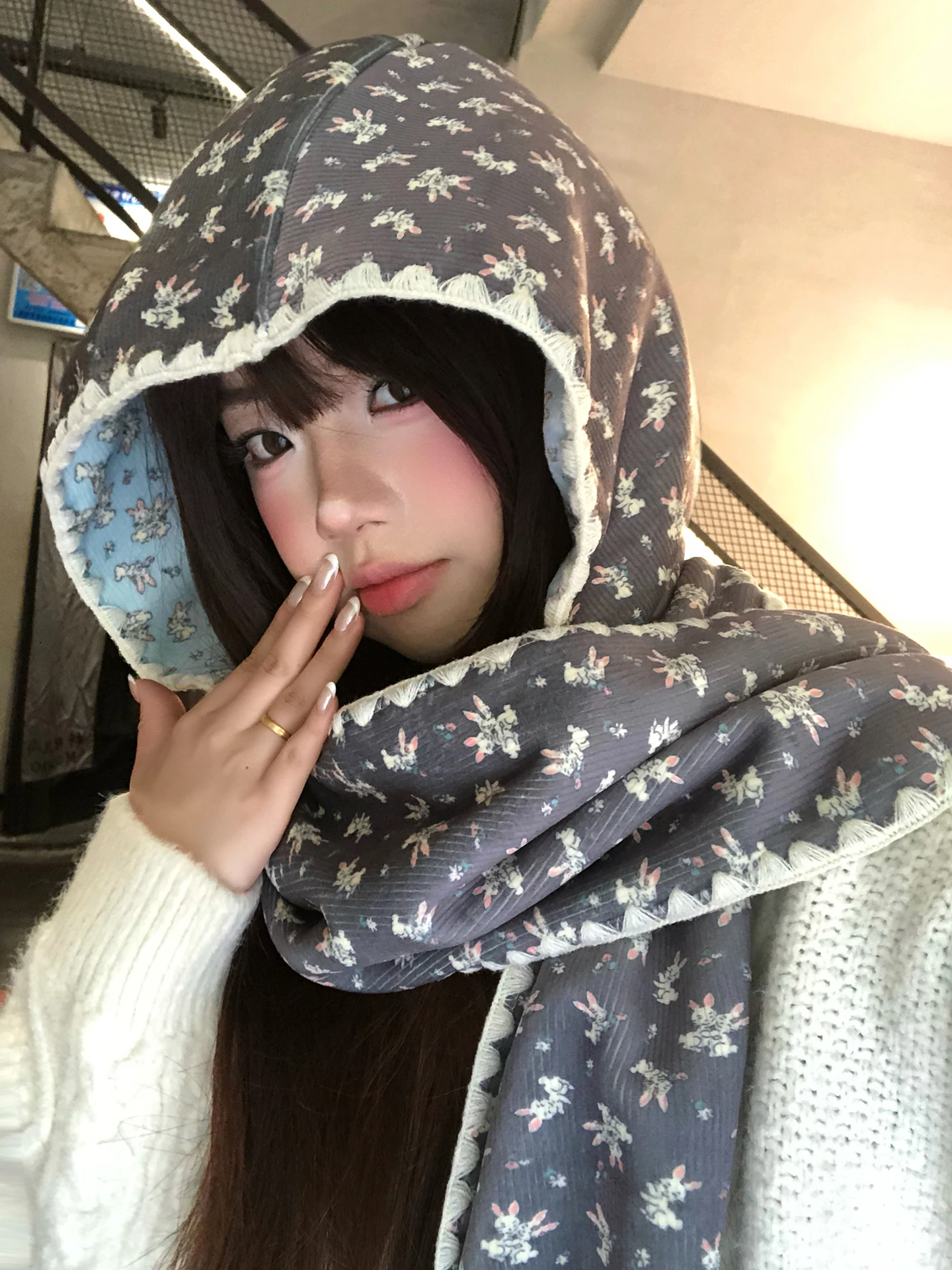 Korean Style Cute Rabbit Double-Sided Hat Scarf Set Women's Autumn Winter Warm Neck Protection Hat Scarf Two-Piece Set