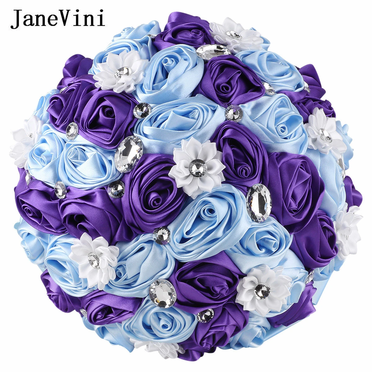 JaneVini Light Blue and Purple Satin Roses Bride Wedding Flowers Bridal Bouquets Vintage Crystal Custom Bridesmiad Hand Bouquet