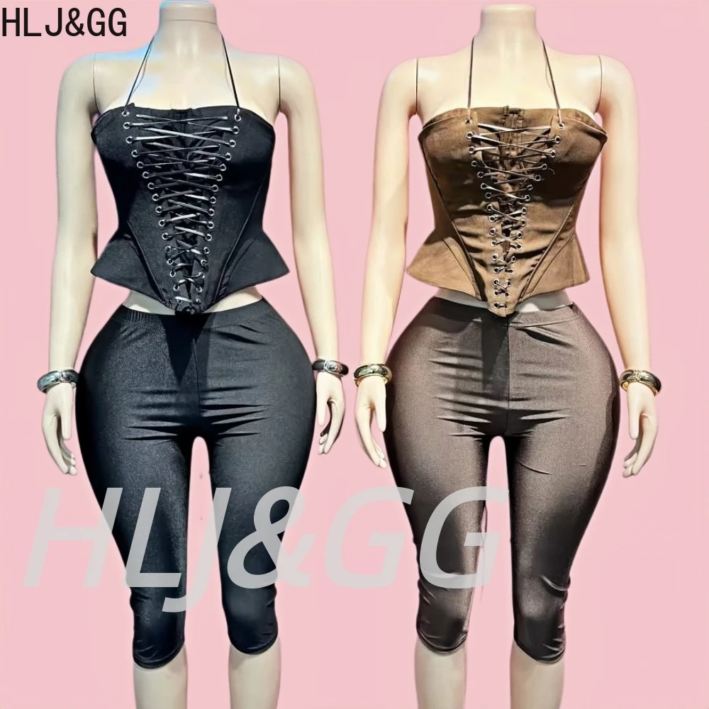 

HLJ&GG Sexy Bandage Off Shoulder Corset Two Piece Sets Women Backless Hollow Lace Up Slim Crop Top And Shorts Outfits Streetwear