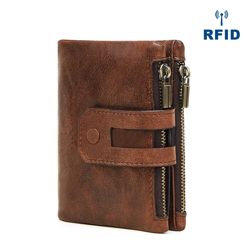 Cartera de cuero genuino RFID antirrobo para hombre, Tarjetero con doble cremallera, bolso corto para múltiples tarjetas, moda