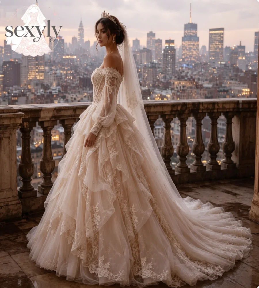 Champagne Off Shoulder Ball Gown Wedding Dress Gypsy Princess heer Sleeves Lace Appliques Tiered Tulle Bridal Gown Country 2026
